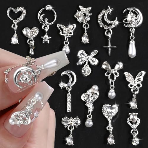 60 Stück Cross Nail Charms – 3D Herz & Stern Metalldekoration Für Acrylnägel, Silberfarben, Vintage-Stil