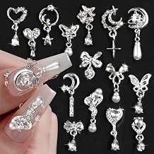 15 Pcs Alloy Metal Silver Heart Bow Nail Rhinestones Y2K Charms, Star Moon Pendant Tassels Pearl Crystals 3D Shiny Butterfly Decorations for Nail Art Supplies