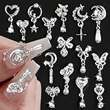 15 Pcs Alloy Metal Silver Heart Bow Nail Rhinestones Y2K Charms, Star Moon Pendant Tassels Pearl Crystals 3D Shiny Butterfly Decorations for Nail Art Supplies