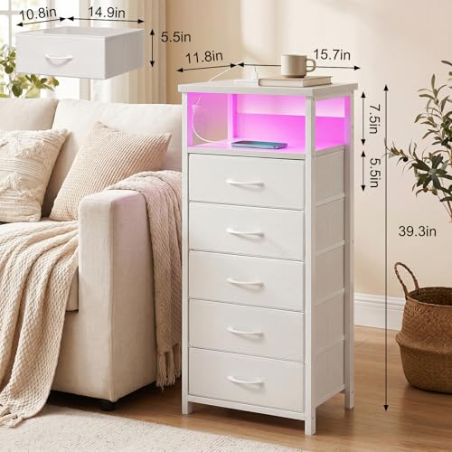 Image of Fixwal Tall Nightstand with Charging Station and LED Lights, Night Stand with PU Finish Fabric Storage Drawers, 5 Drawer Dresser, White