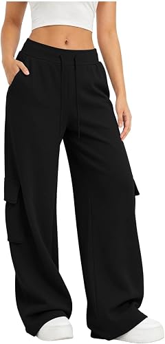 Cargo Sweatpants for Women 2026 Elastic Waist Straight Wide Leg Stretch Fleece T