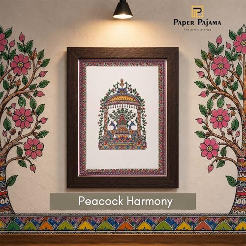 Image of PAPER PAJAMA Madhubani Peacock Kalash Wall Art for Living Room | Traditional Mithila Folk Painting | Peacock & Floral Indian Framed Decor for Home, Office & Bedroom (10x13 Inches)