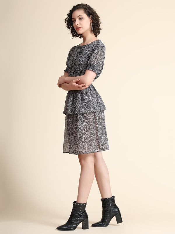 Image of Cicica Women's Black Georgette Textured Print Layered Western Dress | Dress for Women | A line Dress | Winter Dress | Western Dress | Women Dress | Trendy Dress | Midi Dress