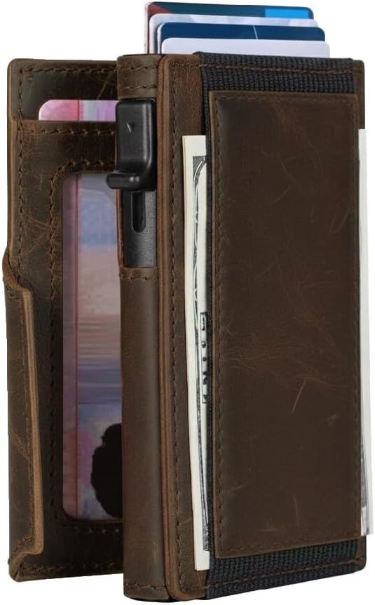 SparkMark Minimalist Pop Up Wallet for Men | RFID Blocking Credit Card Holder Wallet with Money Clip | Mens Wallet Slim Bifold Front Pocket Metal Case with Gift Box (Genuine Full Grain Soft Leather)