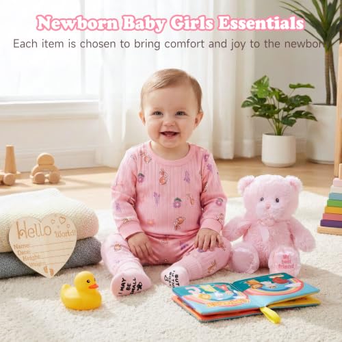 Image of iAOVUEBY Baby Gift Set for Newborn, New Baby Girl Gift Basket, Newborn Essentials Hat Onesie Bear Toys Keepsake Blanket Infant Diaper Changing Pad Bibs, Baby Shower Gifts for Girls