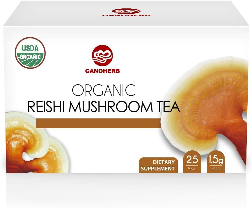 Reishi Mushroom Tea, Adaptogen Ganoderma Lucidum Herbal Tea for Immune Health Boost, Stress Relief, Caffeine-Free, No Sugar, 25 Count (Pack of 1)