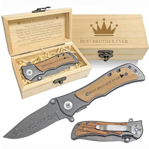 Engraved Pocket Knife Gifts for Brother Birthday Gifts Adult, Brother Gift from Sister for Fathers Day Gift,Laser Engraving Kinfe with Wooden Box, Christmas Gift for Brother