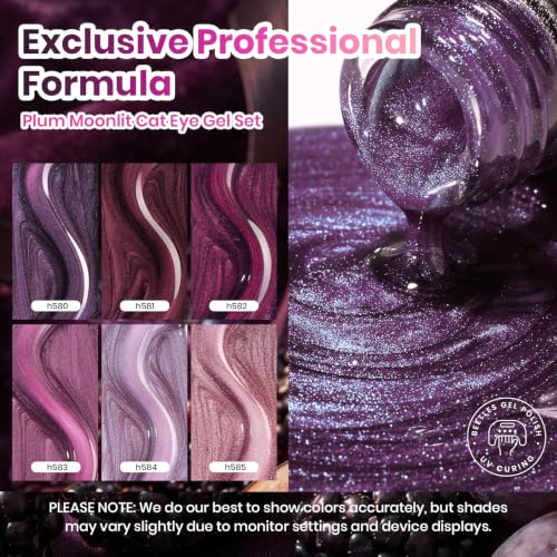 Image of Beetles Purple Cat Eye Gel Nail Polish Set, Plum Moonlit 6 Colors Glitter | Fall Gel Polish Kit Magnetic 3D Shimmer Effect Soak Off UV DIY Salon Nail Art Manicure Gift for Women