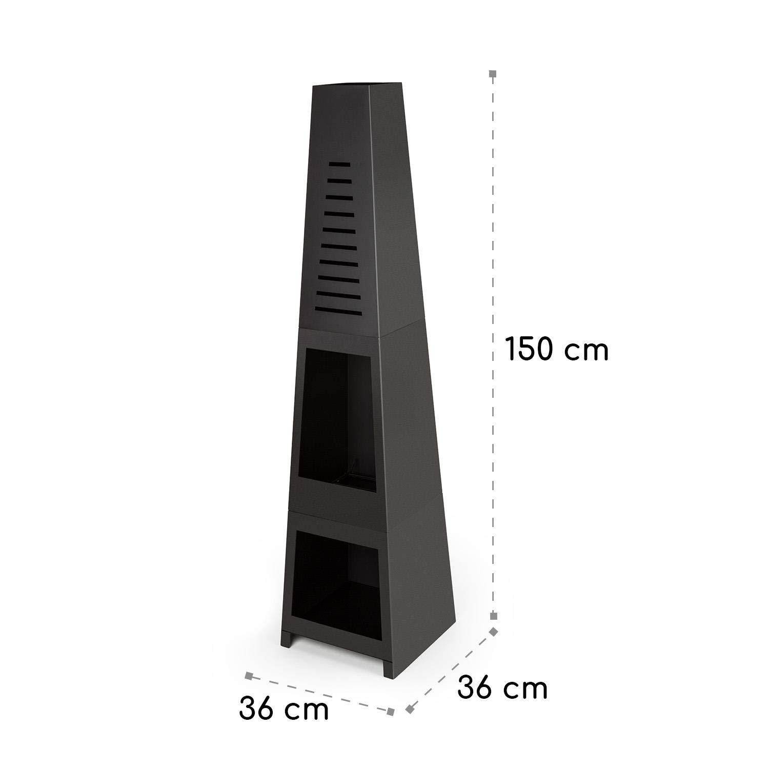 Blumfeldt Monument - Chimenea de Patio, Horno de terraza, Fuego Visible, Acero Inoxidable, Compartimento para leña, Antivuelco, Parrila para carbón y atizador, Negro