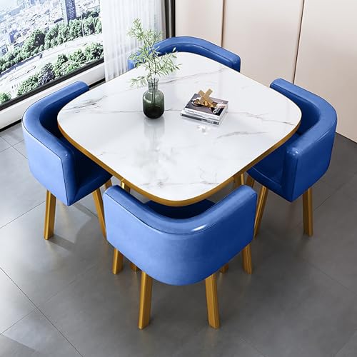Juego de mesa de comedor redonda de mármol para 4 personas con sillas, oficina y sala de estar, mesa de café y silla combinada para balcón, comedor, azul cuadrado, juego de muebles modernos para