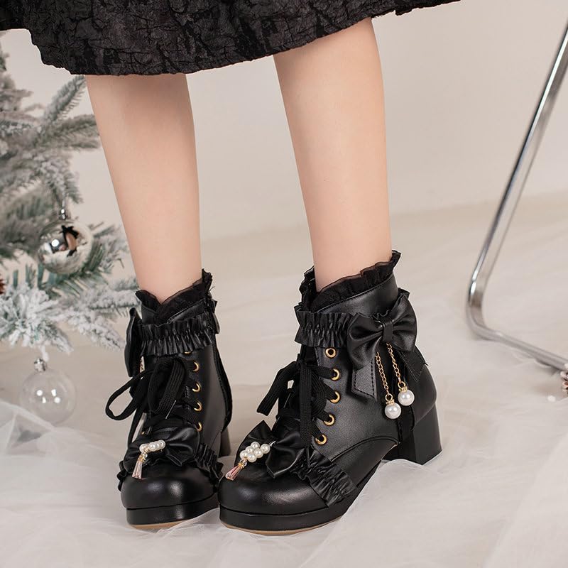 Women Lace Up Bow Platform Ankle Boots Chunky Mid Heel Cute Lolita Boots Cosplay Winter Shoes3