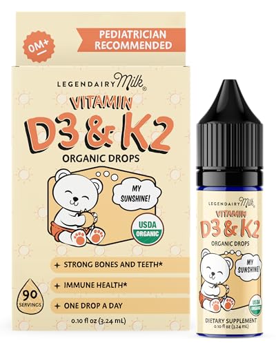 Image of Legendairy Milk Organic Baby Vitamin D3 K2 Liquid Drops, 400 IU of Baby Vitamin D Drops for Infants - Vitamin D for Newborns, Toddlers, and Kids - Vegan, 90 Servings