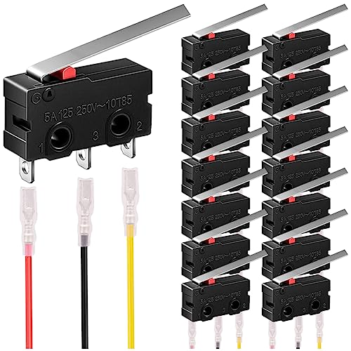 MKBKLLJY 15Pcs Mini Micro Limit Switch SPDT 1NO 1NC 5A 125 250V AC Very Long Straight Hinge Lever Arm Switch Snap Action Button Type 3 Pins KW11-3Z04 with 45pcs Terminal Wires