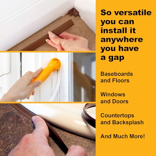 Image of InstaTrim Peel & Stick Flexible Caulk Tape & Trim, Easy to use, self-Adhesive, Caulk sealant for Floors, Doors, Windows, counters, tubs and More - Made in USA, 1 /2 inch x 10 feet, 2-Pack, Brown | Two brown 1 /2 in x 10 ft self-adhesive trim rolls seal gaps around tubs, counters, floors, doors, windows, and surfaces.