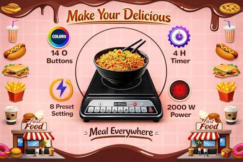 Image of Urban Decor 2000W Induction Cooktop with Slide Touch Control, Four-Digit LED Display, 9 Temperature Levels, 4-Hour Timer, Crystal Glass Surface, Energy Efficient Portable Induction Cooker