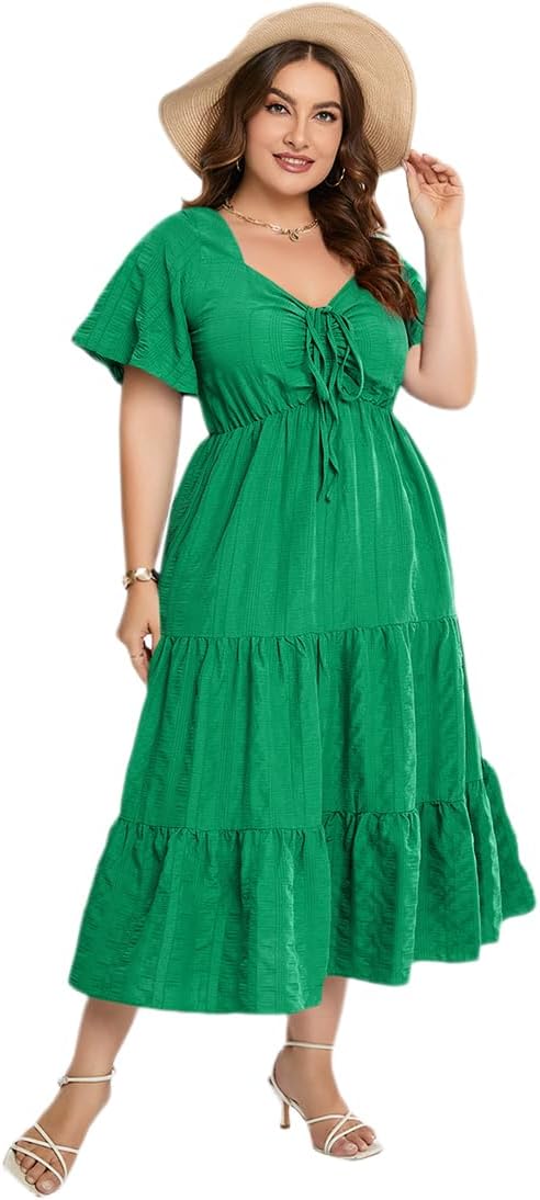 ABEWIP Women's Plus Size Summer Dress Sundress Sweetheart Neckline Short Sleeve Ruffle Hemline A Line Tiered Dress
