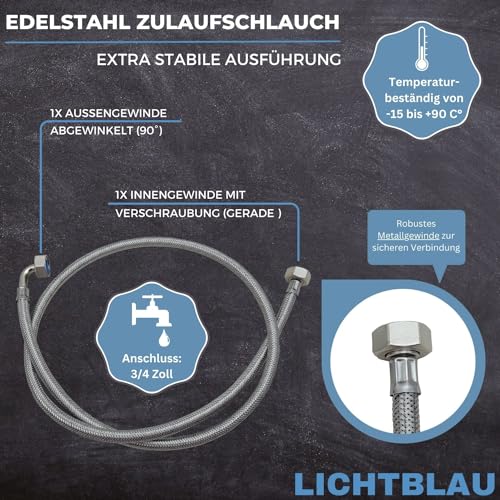 LICHTBLAU Knickfester Edelstahlschlauch Zulaufschlauch I 10,0m I Anschluss 3/4 Zoll Waschmaschine Geschirrspüler I Panzerschlauch Winkel/Gerade inkl. Dichtung I universell verwendbar