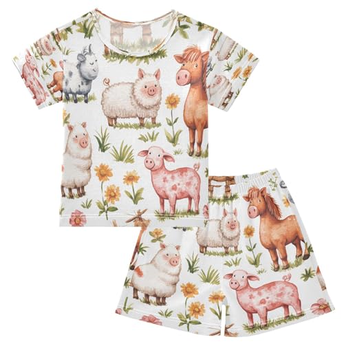 Pajama Sets Short Sleeve Farm Animals on Grass Soft Cotton Summer Sleepwear 2 Piece PJS Size 5-14T