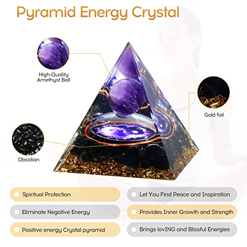 Hopeseed Orgone Pyramid Taichi Orgonite Amethyst&Obsidian Healing Crystal Pyramid Positive Energy Generator For Reduce Stress Reiki Chakra Healing Meditation Attract Lucky, With 2 White Crystal Stones #TOP2