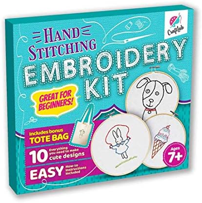 CraftLab Embroidery Kit for Beginners, Kids Craft Starter Kit Gift for Ages 7 to 13, Includes 10 Projects, Embroidery Hoops, Fabric, Patterns, Floss, Needles, Needlepoint Cross Stitching Supplies