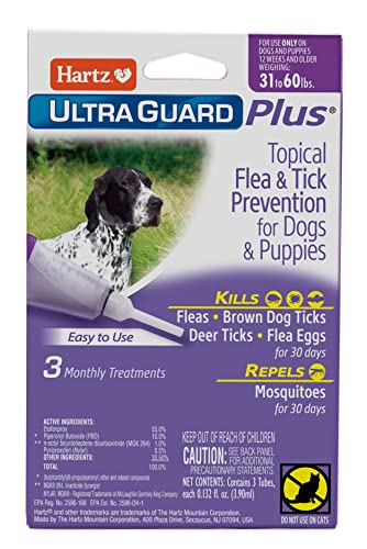Hartz UltraGuard Plus Topical Flea & Tick Prevention for Dogs and Puppies – 31-60 lbs, 3 Monthly Treatments Hartz UltraGuard Plus Topical Flea & Tick Prevention for Dogs and Puppies – 31-60 lbs, 3 Monthly Treatments