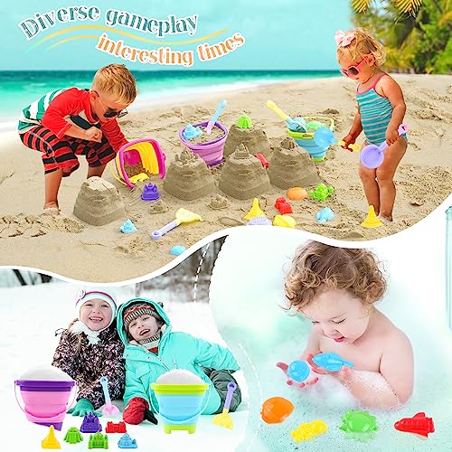 Oun Nana Beach Toys, 21 PCS Sand Toys for Kids, Sandbox Toys with Collapsible Beach Buckets and Shovels Set, Sand Castle Kit, Sand Molds, Mesh Bag, Travel Beach Sand Toys for Kids Toddlers Boys Girls - Thumbnail 7