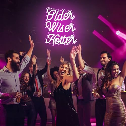 Image of Pink Older Wiser Hotter Neon Sign Funny Birthday Party Neon Light Happy Birthday Backdrop Lights for Women 30th 40th 50th 60th 70th 80th Party Decorations