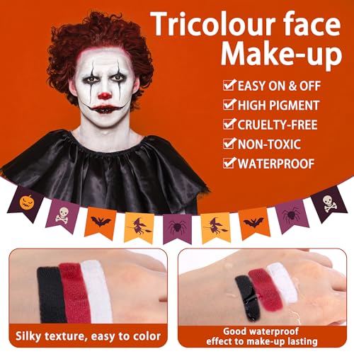 EBaokuup 3 Set Black White Red Face body Paint,3 Colors Clown Makeup Kit with Sponge and Brush,Joker Face Body Paint for Halloween Cosplay,Special Effect Makeup and Costume-Themed Party