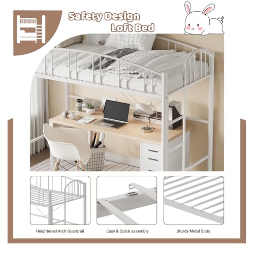 Loft Bed Twin Size with Stairs and Arched Guardrail, Sturdy Metal Slats Support, Space Saving, Noise Free, No Box Spring Needed, Ideal for Kid Room and Dorm, White