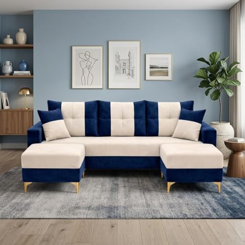 Image of Cavishq 5 Seater L Shape Sofa Set with 2 Movable Ottomans | Flexible Layout | Luxury Velvet Suede Fabric | Modern Living Room Sofa | Dark Blue-Cream