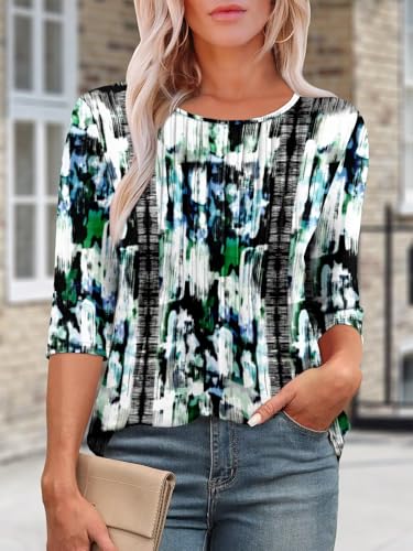 KISSMODA Tunic Tops for Women Loose Fit Dressy Round Neck Pleated 3/4 Length Sleeve Spring Tops