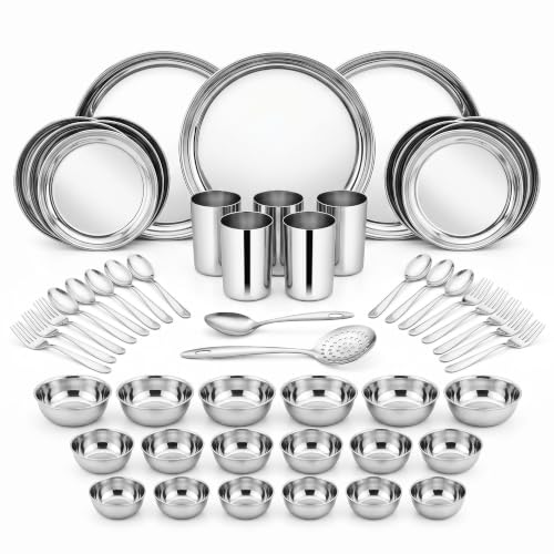 Shri and Sam Dinner Set | 50-Piece Shagun Stainless Steel Dinner Set for 6 People, Solid Silver...