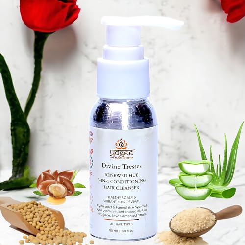 YOGEE 2 in 1 Shampoo and Conditioner Cleanser | 50ml | Shampoo for Coloured Hair | Unisex Organic Hair Care with Argan Seed, Rose Petals, Aloe Vera, Soya Seeds & Probiotics | For Men and Women