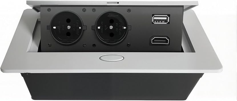 Multifunctional Slow-Rise Pop-Up Socket for Conference Table - Aluminum Alloy Embedded Universal 3-Hole Socket with USB Charging silvery,2EU USB HDMI