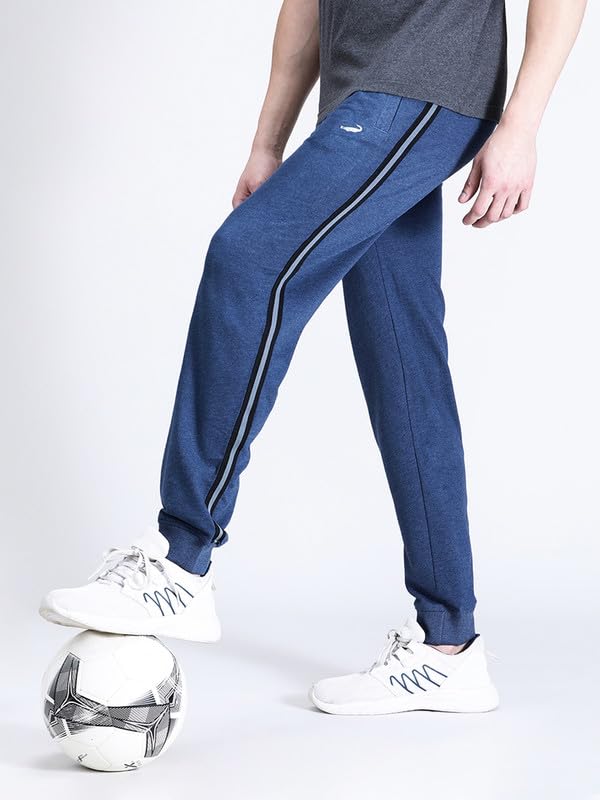 Image of CROCODILE Men Solid French Terry Joggers | Classic Fit | Mid Rise | Drawstring Closure | Ankle Length | Casual Wear Navy Melange