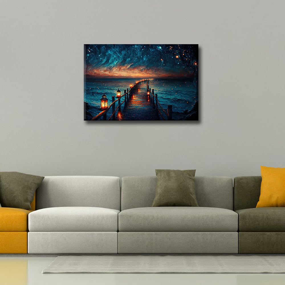 TISHIRON Seascape Wall Art Glitter Glow Starry Sky in Night Oil Painting Style for Living Room Bedroom Wall Decor Canvas Modern Home Decor for Background Wallpaper Prints 16"x24" - Image 3