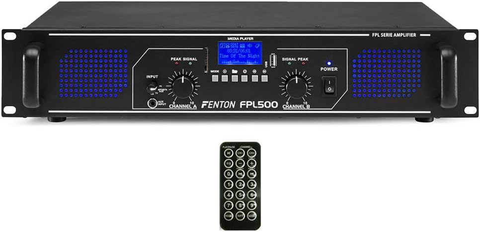 Fenton FPL500 2-Channel Digital Bluetooth Amplifier, 500W Class D DJ PA Amp with Integrated USB/SD Media Player, RCA AUX Inputs and Remote Control for Audio Installations