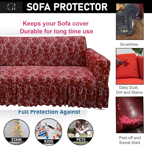Image of Gifts Island Sofa Cover Set Marble Design 5 Seater Fully Covered Universal Polycotton Spandex with 360 Frill Non-Slip Sticky Elastic Stretchable Sofa Slipcover for Livingroom (Maroon Marble)