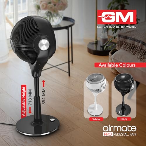 Image of GM Airmate Pro Pedestal Fan with Remote | Black| 230mm Sweep | BLDC Motor | 3D Oscillation | 30-Speed Control | Silent Operation | Timer | Adjustable Height | Powerful Cooling Fan