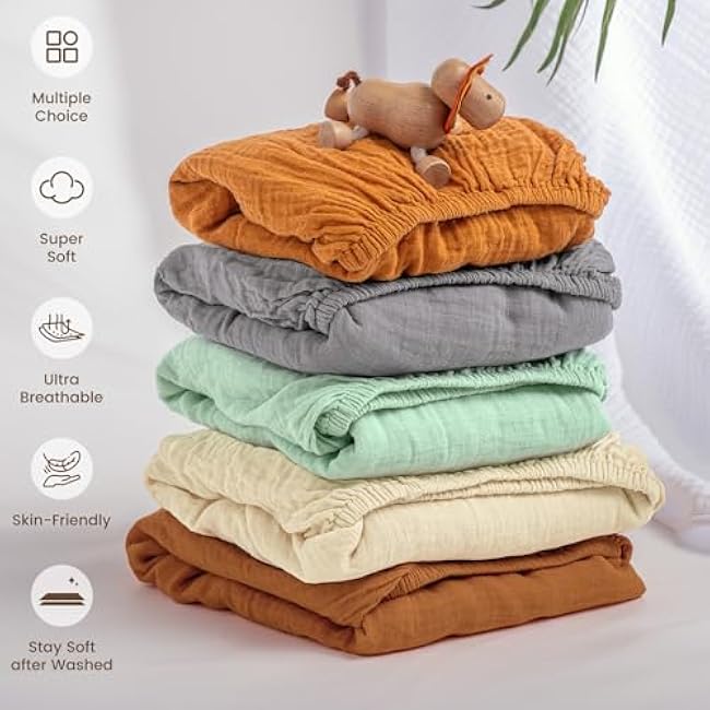 david's kids Muslin Crib Sheets for Boys Girls, 2 Pack 100% Cotton Soft Breathable Fitted Baby Sheet Set, 28x52 Inch Fits Standard Crib and Toddler Mattresses, Beige & Ginger