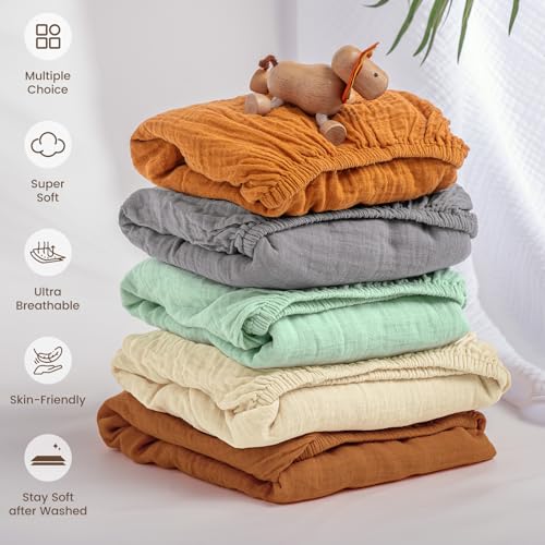 Image of david's kids Muslin Mini Crib Sheets, 2 Pack Cotton Pack N Play Sheets for Boys Girls Neutral, Soft Breathable Baby Sheets Fit Pack N Play, Playard and Mini Crib Mattresses, Beige & Grey