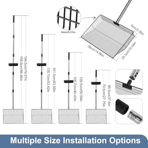 Image of 15inch Large Chicken Poop Scooper with Ergonomic Grip, 5 in 1 Adjustable Chicken Coop Pooper Shovel (24 to 76.5 inch), Stainless Steel Litter Sifting Shovel Scoop for Chicken Coop /Goat Stall /Stable