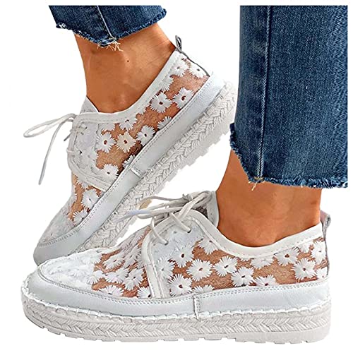Hbeylia Platform Espadrilles Fashion Sneakers For Women Girls Flower Embroidered Lace Breathable Lace Up Low Top Play Sneakers Canvas Shoes Casual Leather Slip On Walking Shoes Loafers4
