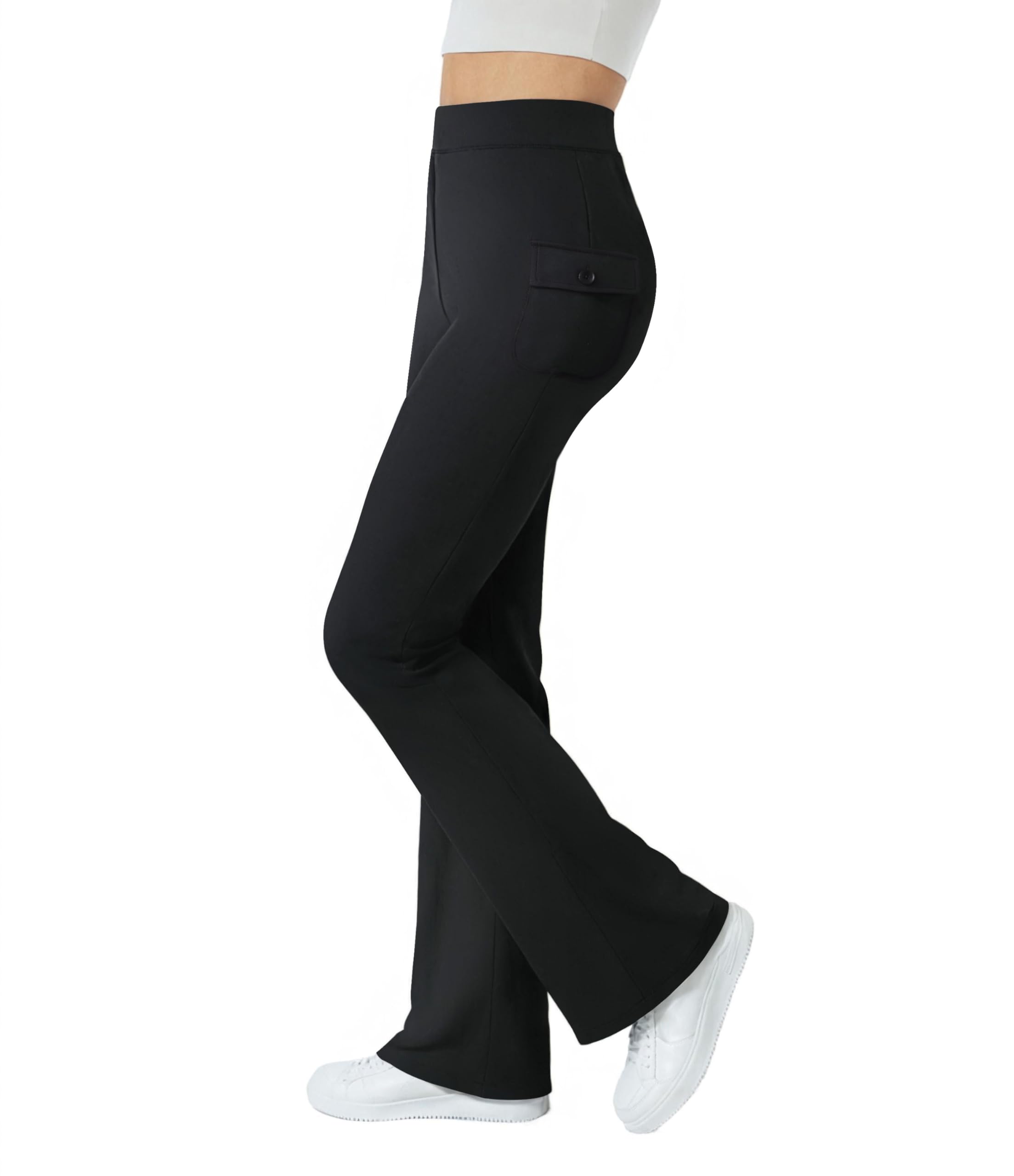 Womens High Waist Flared Casual Pants Button Side Flap Work Pants with Pocket
