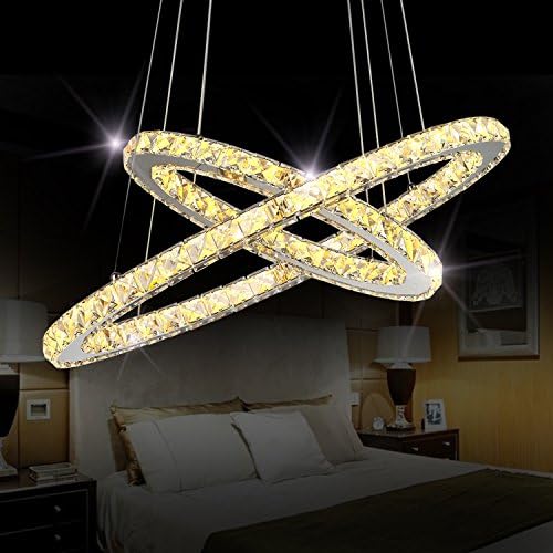 Sefinn Four Crystal Chandeliers Modern LED Ceiling Light Fixtures Flush Mount Pendant Lights Adjustable for Dining Room Living Room Kitchen Hallway (Oval 2 Rings(11.8'' + 19.7'') Warm White)