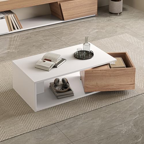 OKMYHOME Table Basse - Haute Brillance avec Tiroir Pivotant 360° et Rangement Ouvert, MDF Blanc Chêne