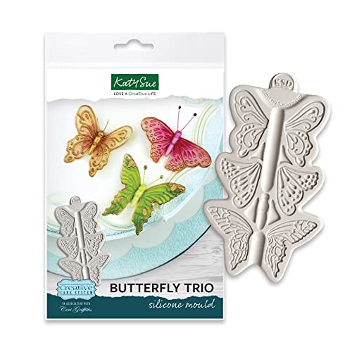 Katy Sue Butterfly Trio Silicone Mould for Cake Decorating & Crafts, Makes 3 Butterflies, 1) 60mm x 45mm, 2) 74mm x 35mm