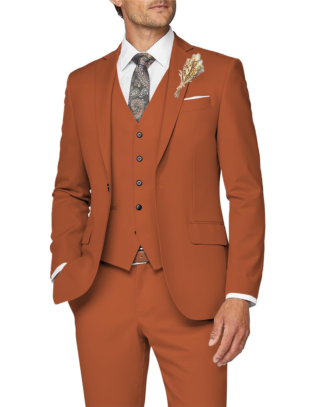 Wangyue Mens Suit 3 Piece Slim Fit Suit for Men Formal Business Suit Wedding Groom Prom Tuxedo Dinner Party, Orange, L