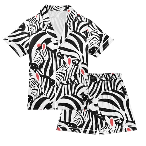 ALAZA Zebra Animal Black White Satin Pajamas Set Short Sleeve Button Down Sleepwear Summer Pjs 2 Piece