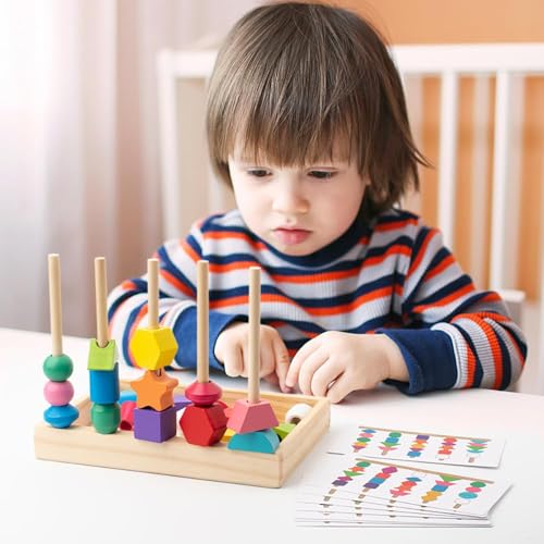 Goujfol Jouets éveil Montessori Bois, 2 en 1 Pédagogique Empilable Jouet Y Enfiler Jouet Jeux D'activité et de Développement Empiler et de Tri, Educatif Jeu pour Enfant (Vert) – vue 3